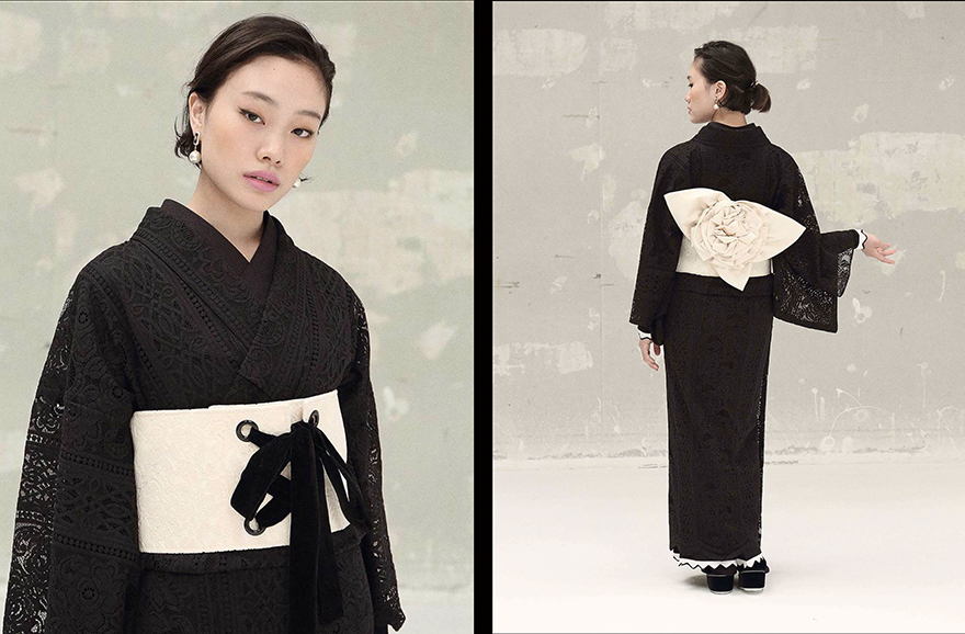 Kiiro black lace kimono with corset tie obi