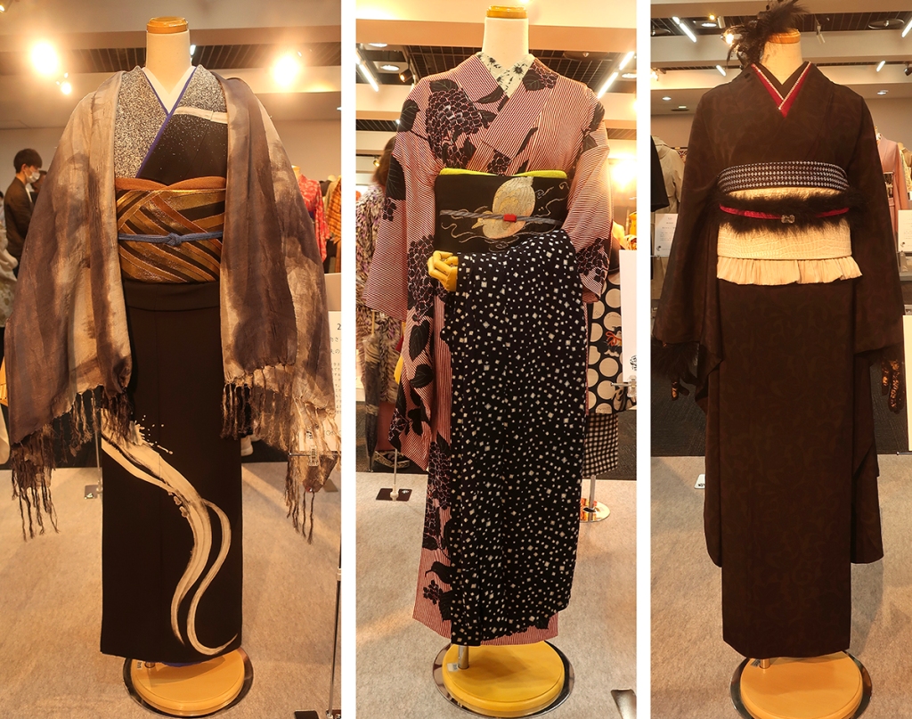 Kimono coordinations displayed on mannequins at the Tokyo Kimono Show 2023