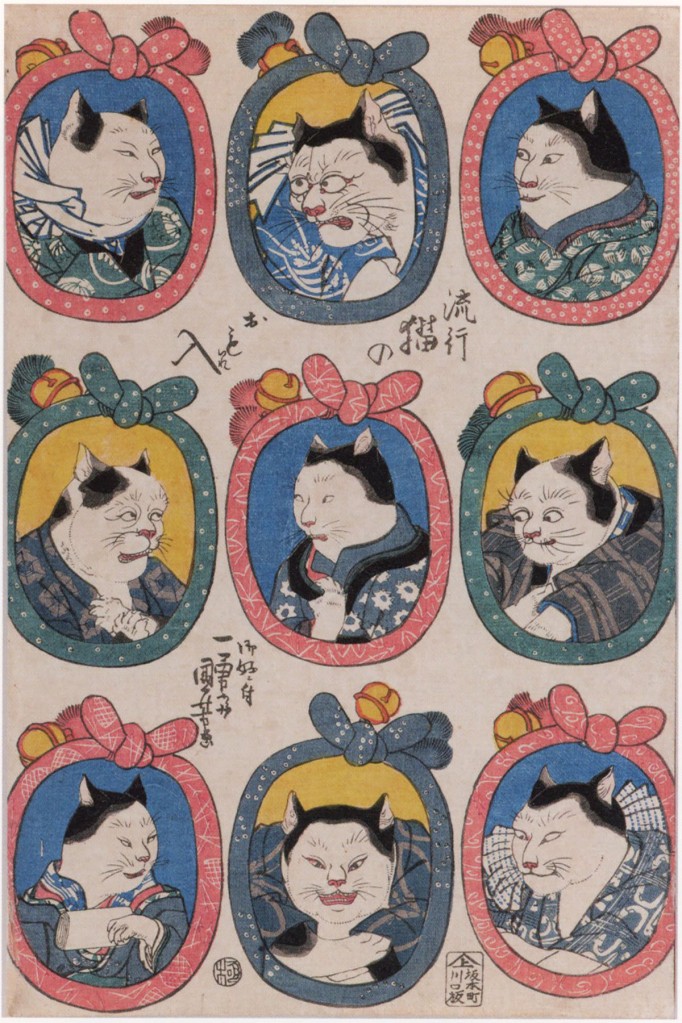 Woodblock print of cats from the Edo Nyanko exhibition at the Ota Memorial Museum of Art